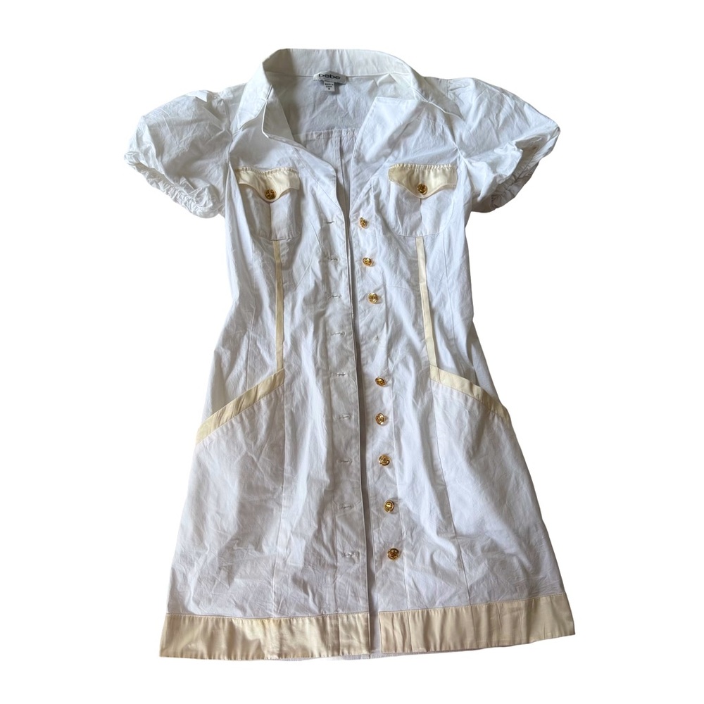 vintage bebe white cream cotton silk dress office siren button up size small